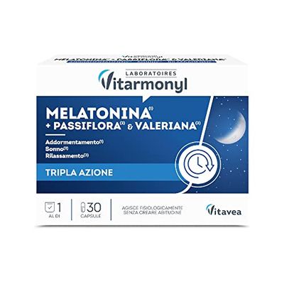 Melatonina Più - Integratore Alimentare per Sonno e Jet Lag - Con Passiflora, Valeriana e Luppolo - Favorisce il Rilassamento - Confezione da 30 capsule - Vitarmonyl