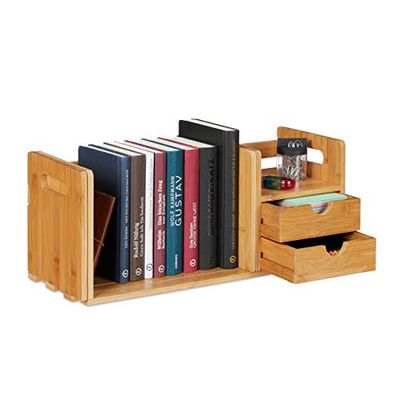 Relaxdays bureau organizer bamboe, 2 lades, boekenrek, uittrekbaar, documentenhouder, HxBxD: 21 x 80,5 x 19 cm, natuur