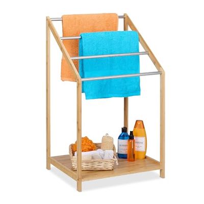Relaxdays Portasciugamani a 4 Bracci, Piantana Autoportante in bambù, Porta Asciugamani Bagno con Ripiano Portaoggetti, 86x51x43,5 cm