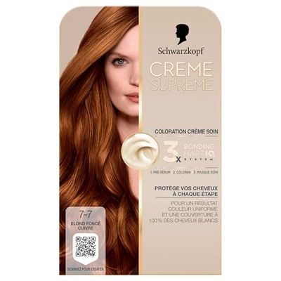 Schwarzkopf - Coloration Permanente - Creme Supreme - Resultat Couleur Uniforme - Coloration Creme Soin - Bonding - Pre-serum et Masque Soin - Couverture 100% Cheveux Blancs - 7-7 -Blond Foncé Cuivré