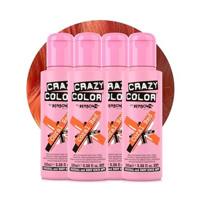 Crazy Color Vibrant Coral Red Semi-Permanent 4 Pack Quad Hair Dye. Highly Pigmented Copper Conditioning & Oil Nourishing Vegan Formula No Bleach or Ammonia 400ml