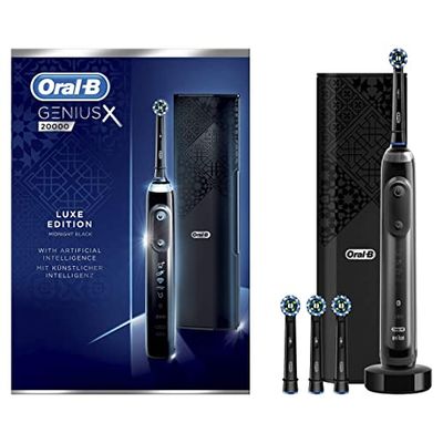 Oral-B Genius X Luxe Edition Spazzolino Elettrico Ricaricabile, 1 Spazzolino Nero con Intelligenza Artificiale, 4 Testine di Ricambio, 1 Custodia da Viaggio con Caricatore