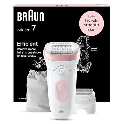 Braun Silk-épil 7 Depilatore Donna, Epilatore Elettrico Donna Con Testina Ampia Per Una Epilazione Semplice, Wet & Dry, Con Testina Per Rasoio Donna, 7-030, Bianco/Rosa