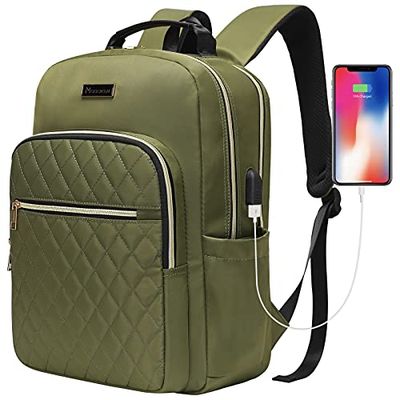MODOKER 15.6 Inch Laptop Backpack - Quilted Travel Backpack for Women, Green With USB Charging Port