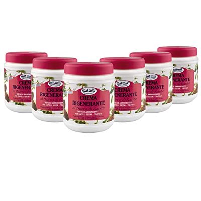 Milmil Crème Régénératrice pour Cheveux Masque Cheveux Professionnel, Parfum Beurre de Karité, Compresse Professionnelle pour Cheveux Secs et Traités - 6 x 1000 ML