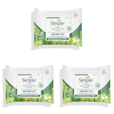 Simple Regeneration Age Resisting Biodegradable Facial Wipes remove make-up and fights premature ageing for sensitive skin 20 wipes,package may vary (Pack of 3)