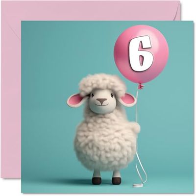 6th Birthday Card for Girls Boys - Sheep Balloon - Happy Birthday Card 6 Year Old Girl Boy, Cards for Her Him, 145mm Greeting Cards Niece Nephew Kids Children