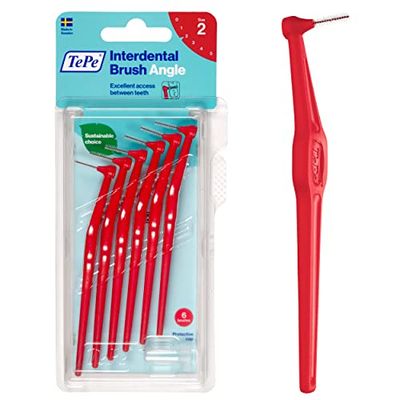 TePe Angle Red Interdental Brushes (0.5mm - Size 2) / Easy and simple interspace cleaning with long handle and angled neck / 1 x 6 brushes