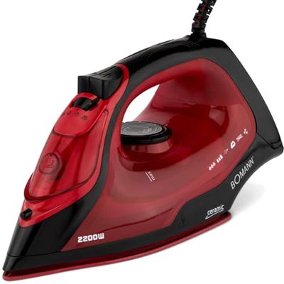 Bomann DB 6035 CB Plancha automática, Control de Vapor de 3 Niveles (0-1-2), 7 Funciones, depósito de Agua Transparente (Aprox. 250 ml), Rojo, Suela de cerámica Resistente a los arañazos