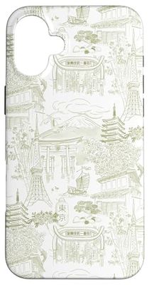Preppy Verde Oliva Tokyo Chinoiserie Toile Sakura Fuji Custodia per iPhone 16 Plus