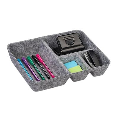 Relaxdays Drawer Organiser, Versatile Insert, 6.5 x 32 x 25 cm, 4 Compartments, Felt Tray, Utensils Storage, Light Grey