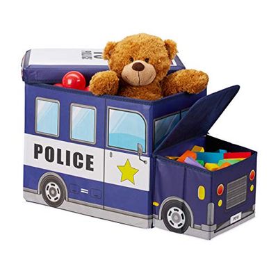 Relaxdays Tabouret Coffre boîte à Jouets Couvercle Pouf Enfant Pliable Voiture Police 50 litres, Bleu foncé, 33 x 27 x 56 cm