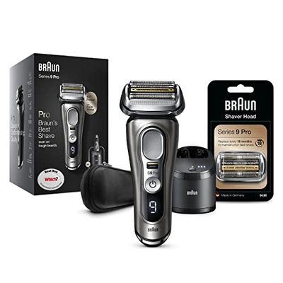 Braun Series 9 Pro Electric Shaver with 4+1 Head, Electric Razor for Men with ProLift Trimmer, 5-in-1 SmartCare Center and Leather Travel Case, 9465cc + Shaver Replacement Head, 94M, Silver