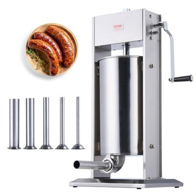 VEVOR XZ-15L 15 L / 30 LBS Vertical Sausage Machine, Dual-Speed Meat Stuffer, Made of Food-Grade 304 Stainless Steel, Includes 5 Stuffing Tubes, for Home Kitchen Restaurant Commercial, Silver
