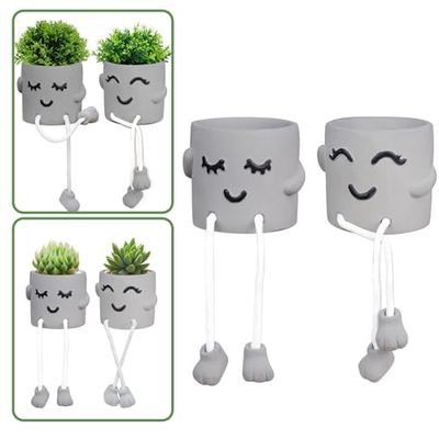 Uguisu Planterare med långa ben, söt benhängande smiley planterare, suckulent planterare, rolig planterare, inomhusplanterare, betongplanterare, växtplanterare present, dekorativ planterare (grå 2 st)