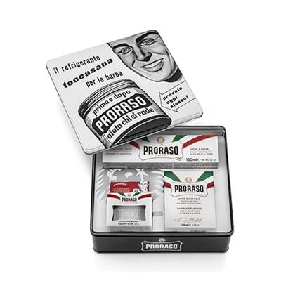 Proraso Vintage Selection, gama de peles sensíveis (pack trio), kit de cuidados de barba de luxo com creme de pré-barbeado, sabão de barbear no tubo e bálsamo para após o barbear, Made in Italy
