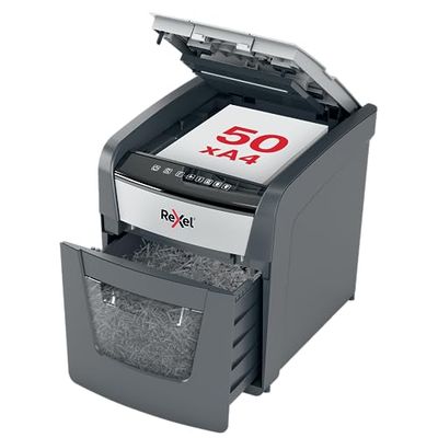 Rexel, Destructeur de documents AutoFeed, Hybride, 50 feuilles en automatique, 6 feuilles en manuel, Coupe croisée P4, Trombones/Agrafes/CB, Anti-bourrage, Silencieux 55dB, Bac 20L (150f), 2020050XEU
