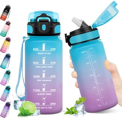 KollyKolla Borraccia Bambini 500ml, Bottiglia d'acqua Sportiva con Indicatore del Tempo Motivazionale, Borraccia con Cannuccia, 1 Clic Aperto, Borraccia Acqua per Bambini, Scuola, Bici, Palestra