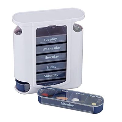 Relaxdays 7-Day Pill Tower, Weekly Medicine Boxes, 4 Compartments, Sliding Lids, White-Blue, Standard