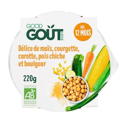 GOOD GOÛT - Maïs, Courgette, Carotte, Pois Chiche Et Boulgour - Plat Cuisiné Pour Bébé - Dès 12 Mois - Avec Morceaux - Fabriqué En France - Assiettes Micro-Ondables - 10x220g