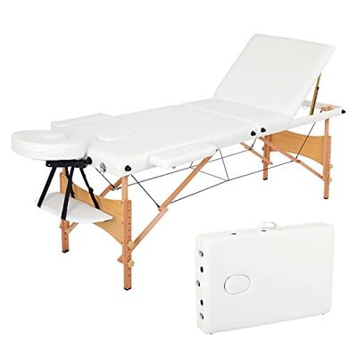 Meerveil Opvouwbare massagetafel, 3 delen, cosmeticapoot, inklapbaar, van PU en hout, met afneembare hoofdsteun, verstelbare armleuningen, met transporttas en accessoires (wit)