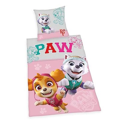 Herding påslakanset, Paw Patrol, örngott 80 x 80 cm med knappar och vändbart motiv, påslakan 135 x 200 cm, med knappstängning, 100% bomull/linon, rosa