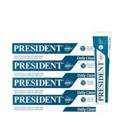 President KIT 4 DENTIFRICIO ORTHO-IMPLANT per portatori di apparecchi ortodontici, impianti dentali, protesi. Azione anti carie. massima protezione da irritazioni gengivali. RDA 30. 4X75ml