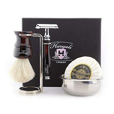 Haryali London Kit da barba – Kit da barba – 5 pezzi – Rasoio di sicurezza a doppio bordo – Pennello da barba Super Badger – Sapone da barba – Ciotola da barba – Supporto da barba – Set da barba rosso