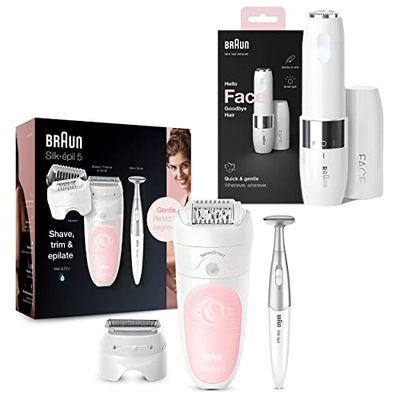 Braun Silk-épil 9 Face Mini Epilator Bundle: Long-Lasting Hair Removal with Electric Shaver, Trimmer & Bikini Trimmer, White + Facial Hair Remover, FS1000, White