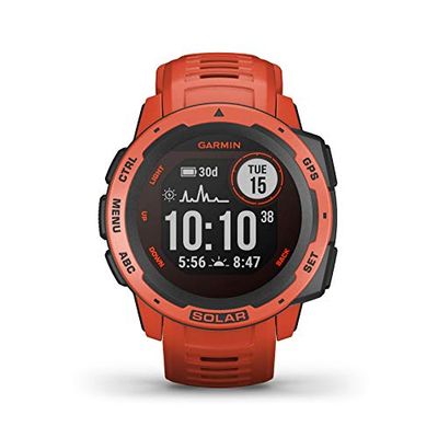 Garmin Instinct Solar, Solar-powered Rugged Outdoor Smartwatch, Built-in Sports Apps and Health Monitoring, Flame Red (Renewed)