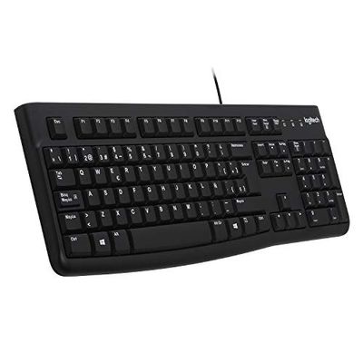 Logitech K120 Bedraad business toetsenbord voor Windows en Linux, USB-poort, stil typen, robuust, spatwaterdicht, toetsenbordstandaard, Spaanse QWERTY-lay-out - zwart