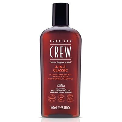 American Crew 3-in-1 Reisverpakking, Shampooing, Conditioner & Body Wash voor Haar en Lichaam (100ml), Versterkend, Hydraterend en Verzachtend.