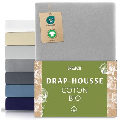 Dreamzie Drap Housse 70x160 cm, Jersey 100% Coton Bio, Hauteur De Matelas Jusqu'à 12 cm, Hypoallergénique, Oeko-Tex, Gris