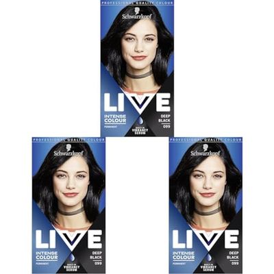 Schwarzkopf LIVE Intense Colour, Long Lasting Permanent Black Hair Dye, With Built-In Vibrancy Serum, Up To 100% Grey Coverage- Deep Black (Pack of 3)