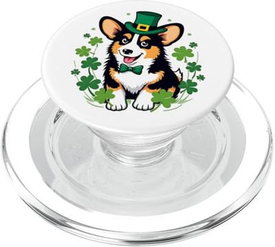 Día de San Patricio, perro corgi negro y tostado, tréboles PopSockets PopGrip para MagSafe