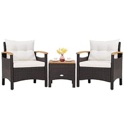 Generisch Mobilier de Jardin 3 pièces avec 2 fauteuils et 1 Table d'appoint en polyrotin Salon de Jardin Salon de Jardin avec Plateau en Bois d'acacia et Coussins d'assise