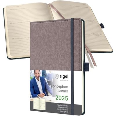 SIGEL C2551 afsprakenplanner weekkalender 2025, lederlook, ca. A5, taupe, hardcover, 192 pagina's, elastiek, penlus, archieftas, PEFC-gecertificeerd, Conceptum