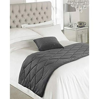 Paoletti Caminho de cama Riva diamantes de imitação, cor cinza peltre, lantejoulas de cristal de diamante, design geométrico acolchoado, 100% poliéster, enchimento de poliéster, 70 x 220 cm, desenhado