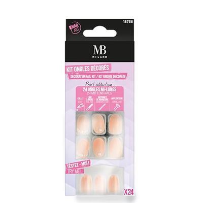 MB MILANO - Nail Art - Lot de 24 faux-ongles décorés - Kit Tout en 1 - Assortiment Ongles Nudes Perlés et Ongles Ovales Mi-Longs - 12 tailles - Pearl Addiction