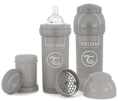 Twistshake Biberons Anti-Coliques Avec Récipient Pour Lait En Poudre Et Mélangeur - 2x 260ml | Tétine En Silicone À Débit Moyen | Biberon Sans BPA | 2+ Mois | Gris