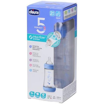 Chicco Perfect 5 Biberón Anticólico 240 ml, Biberón de Flujo Médio 2+ Meses con Tetina de Silicona Suave, Biberón Biofuncional con Sistema Intui-flow 240 ml, Azul