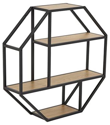 AC Design Furniture Jörn - Mensola ottagonale da parete con 3 ripiani, effetto rovere selvatico con telaio in metallo nero, 3 ripiani, decorazione da parete, soggiorno, larghezza 77 x profondità 20 x