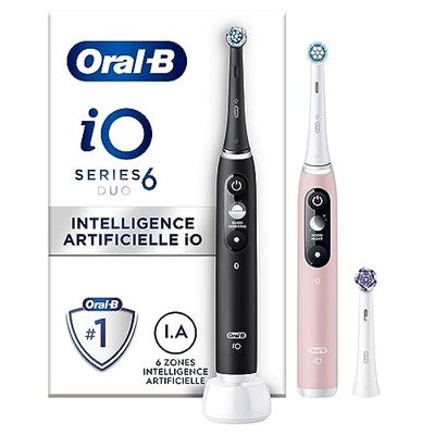 Oral-B iO 6 Brosses À Dents Électriques Lot De 2 Noire Et Rose, Manches Avec Écran Noir Et Blanc Connectés Bluetooth, 3 Brossettes