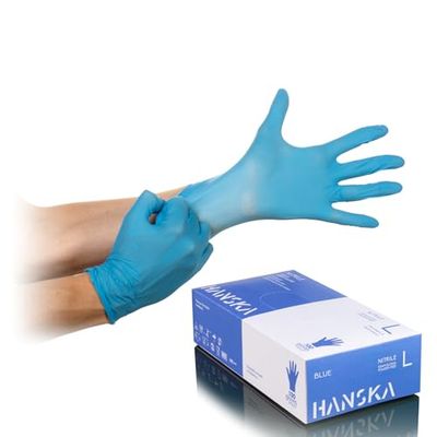 HANSKA Gants jetables Nitrile Bleu - Sans poussière - Jetables - Ambidextres - Non stériles - Base en caoutchouc - Convient pour les milieux médicaux, la manipulation des aliments (100, L)