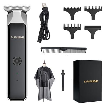 BarberBoss Professional Beard Trimmer, Men’s Facial Groomer, Stainless Steel T-Blade Hair Clipper Kit, Red/Green Light Indicator, Detail Trimmer Men
