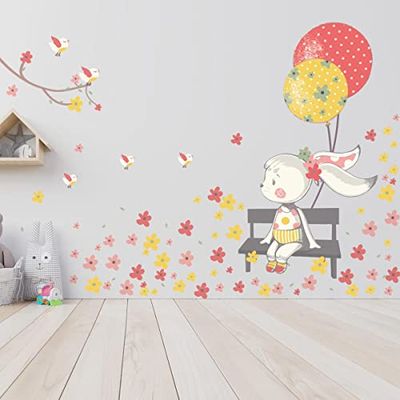 Muursticker kinderen - decoratie babykamer - muursticker kinderkamer - muursticker haasje in het bloemige park - H60 x 90 cm