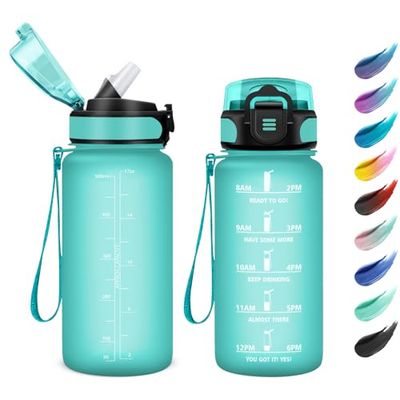 Drinkfles, 500 ml, lekvrij, gemakkelijk te openen, motiverende waterfles met rietje, waterfles voor camping, fietsen, school