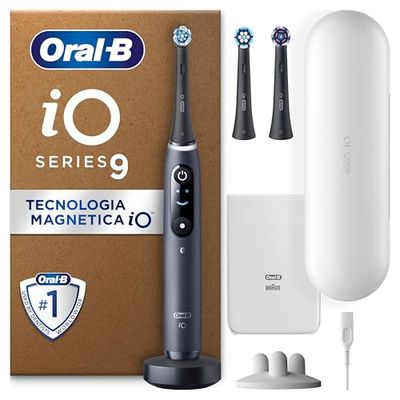 Oral-B Spazzolino Elettrico Ricaricabile iO 9 Nero, 3 Testine Di Ricambio, Custodia Da Viaggio Ricaricabile, 1 Spazzolino Elettrico Oral B, Sensore di Pressione, Display Interattivo