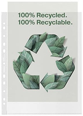 Esselte Pochettes Esselte Recycle A4 Maxi, PP Gaufré Extra Résistant Grande Capacité, 100 microns, Pochettes Perforées, Paquet de 100, 627503
