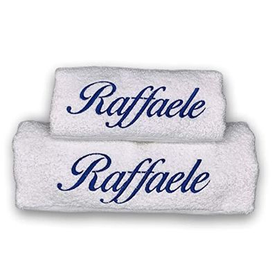 Crociedelizie, Set bagno da 2 coppia asciugamani bianchi ricamati personalizzati con nome viso + ospite idea regalo scelta colore ricamo spugna cotone 100%